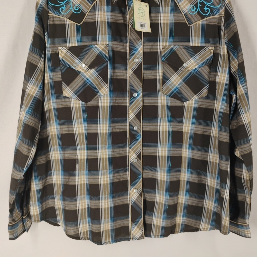 Roper Women's 1X Embroidered Brown/Blue Pearl Snap‎ Rodeo Western Style Shirt - Picture 6 of 11